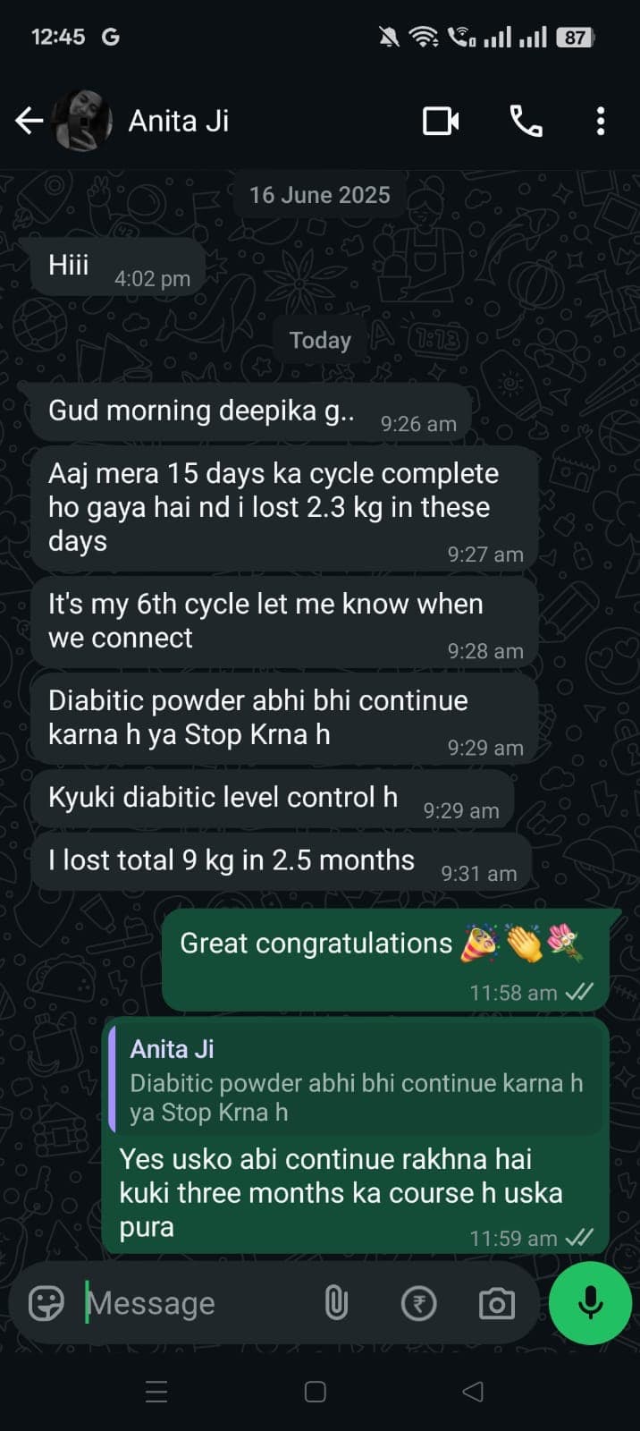 Mrs. Anita WhatsApp feedback