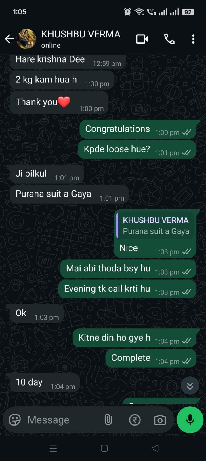 Mrs. Khushboo WhatsApp feedback