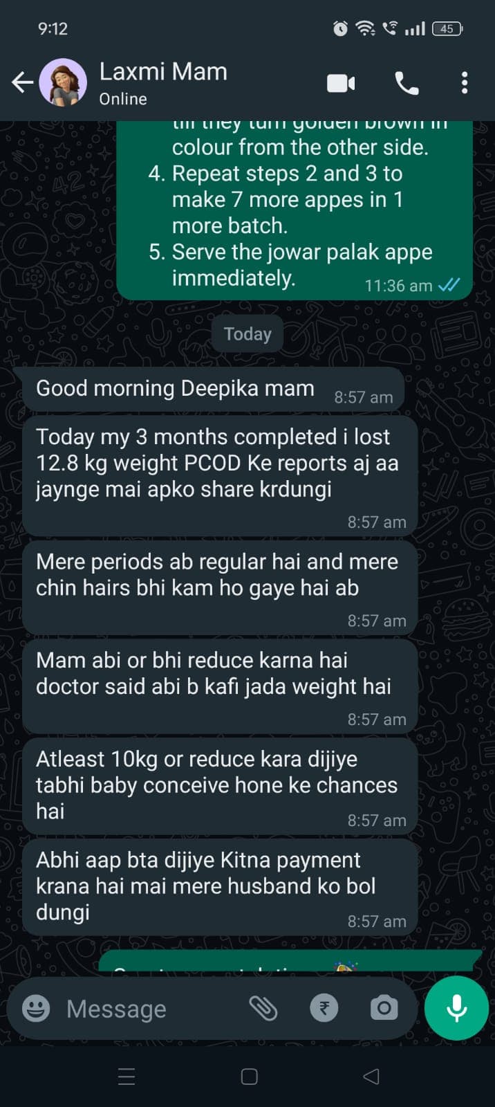 Mrs. Laxmi WhatsApp feedback