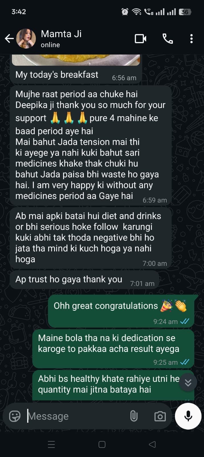 Mrs. Mamta WhatsApp feedback