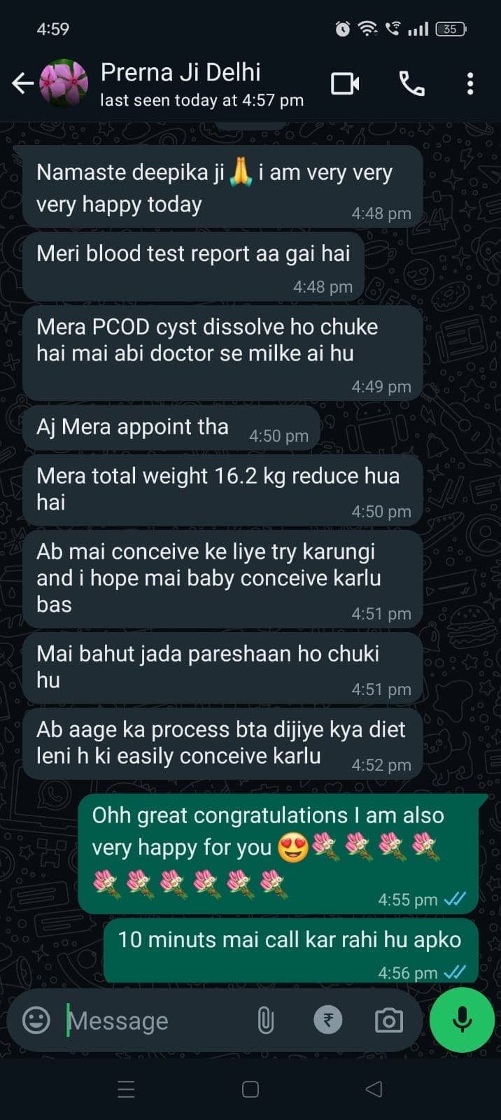 Mrs. Prerna WhatsApp feedback