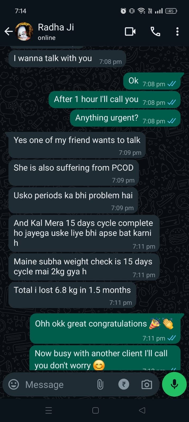 Mrs. Radha WhatsApp feedback