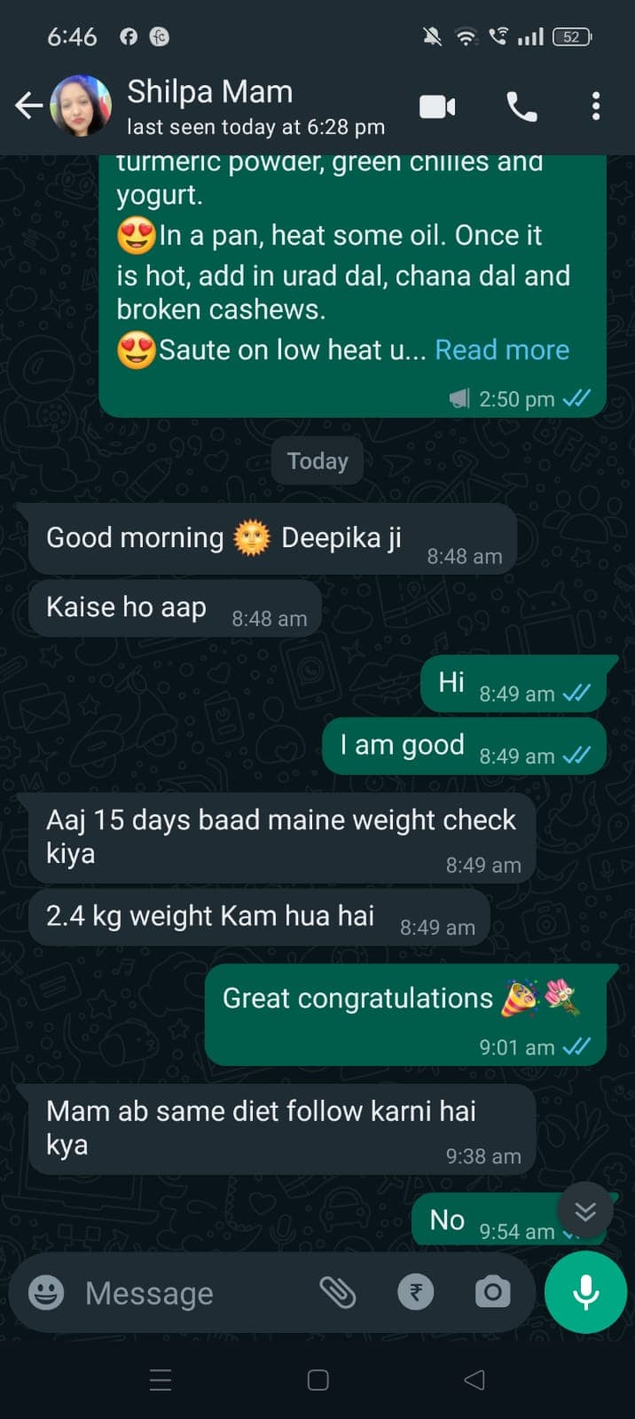 Mrs. Shilpa WhatsApp feedback