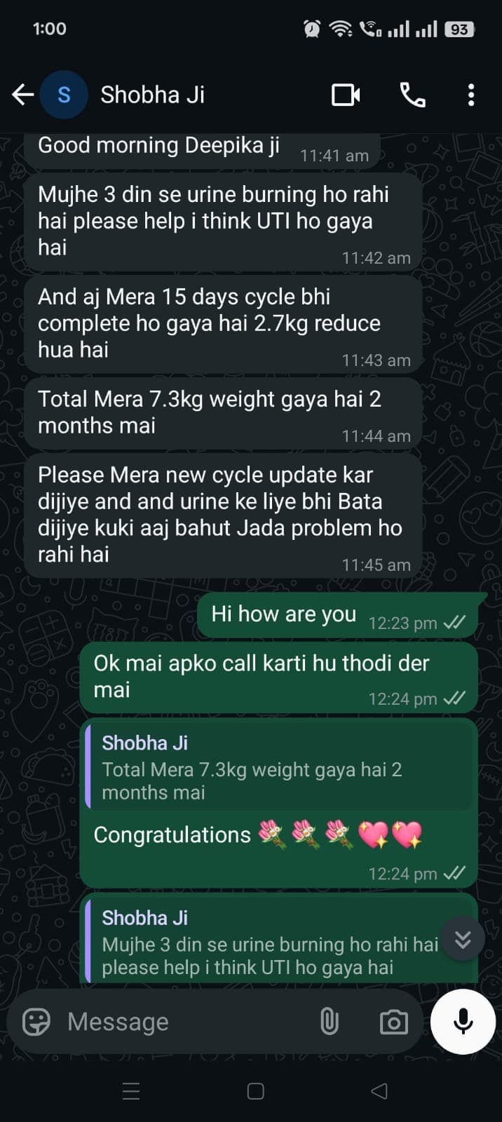 Mrs. Shobha WhatsApp feedback