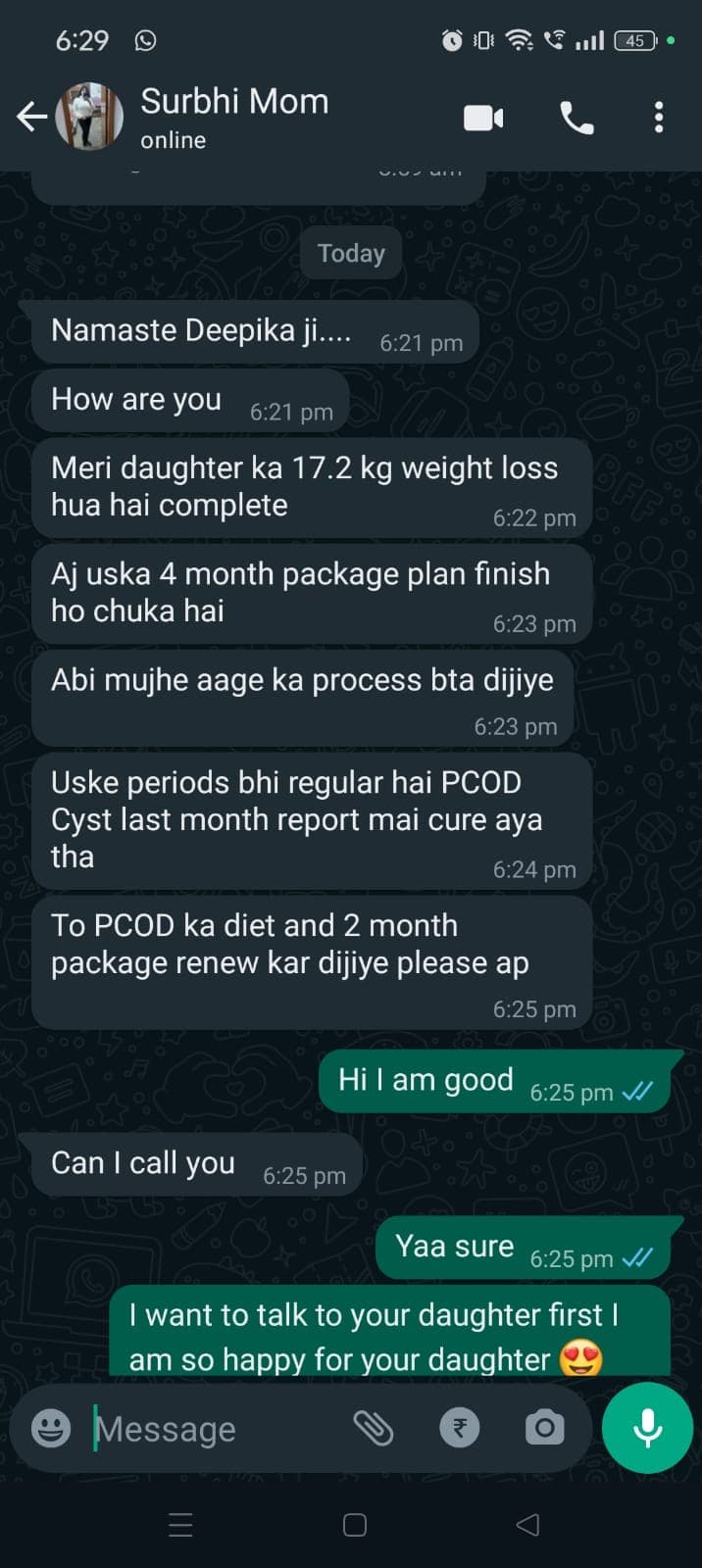 Mrs. Surbhi WhatsApp feedback